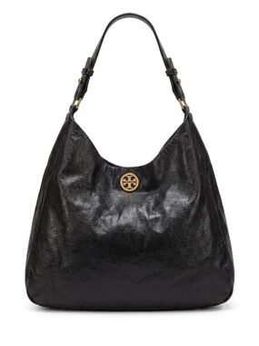 Vintage Black leather shoulder hobo with a centered gold logo medallion. Smooth,